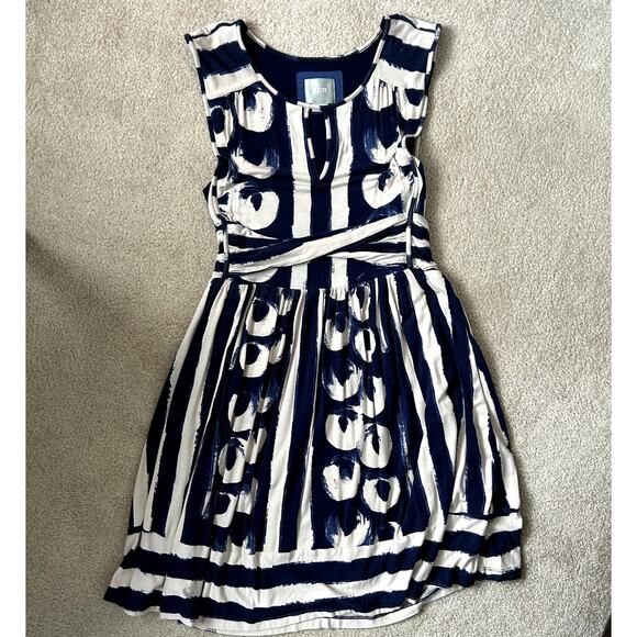 Anthropologie Maeve Sennebec Blue Cream Jersey Flare Dress size M - Picture 3 of 16